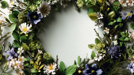 Floral wreath, various flowers and leaves, circular frame