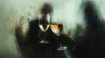 Mystic Wine Toast: A shadowy, atmospheric image of two hands clinking wine glasses, veiled by a misty background, creating a sense of mystery and elegance.
