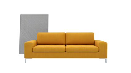 Mustard yellow two seater sofa with grey abstract art isolated on transparent background