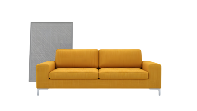 Mustard yellow two seater sofa with grey abstract art isolated on transparent background - Powered by Adobe