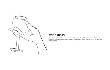 Creative sparkling wine glass, continuous lines vector banner.wine glass, one line drawing