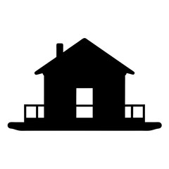Black silhouette illustration of a simple house with balconies and chimney