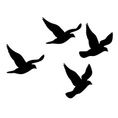 Black silhouettes of birds flying together on a white background design