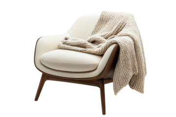 Envision cozy evenings A creamy chair draped with a warm knit blanket inviting relaxation and on transparent background