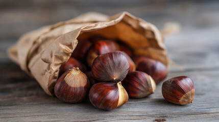 Obraz premium Chestnuts in crumpled paper bag on wooden table. 