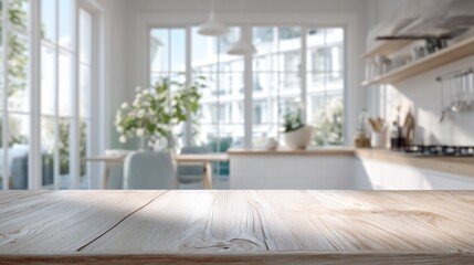 Fototapeta premium Light-filled modern kitchen, wooden table