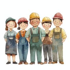 A Watercolor Illustration of a Friendly Team of Cartoon Workers