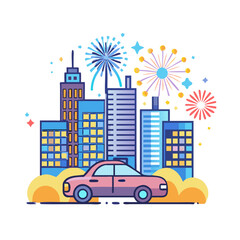 Fototapeta premium Cartoon City Skyline with Colorful Fireworks Celebration