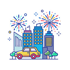 Fototapeta premium New Year Night City Skyline with Fireworks Illustration