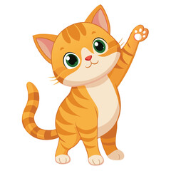 A fluffy ginger kitten standing on its hind legs with a paw raised and a joyful expression on white background