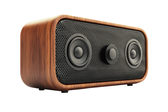 Experience rich sound with a vintage inspired wooden speaker bringing warmth and depth to on transparent background