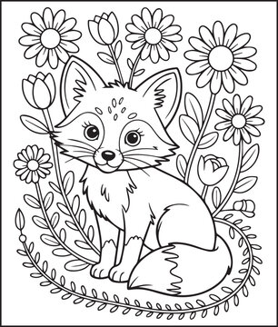 Cute fox sitting on flower garden coloring page for kids