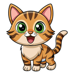 A cute tabby kitten with wide, excited eyes and an open mouth  on white background