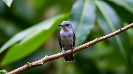 Fototapeta premium A young Tropical Pewee, Contopus cinereus, perching on a branch in the rainforest with leaves blurred in the background. A cute little gray bird.