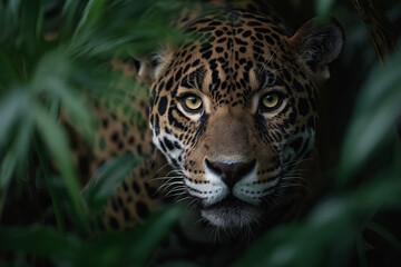 Obraz premium Powerful Jaguar Hiding in Dense Jungle Foliage with Intense Stare and Natural Light Focus