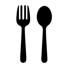Simple black silhouette illustration of a fork and spoon on white background