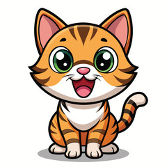 A cute tabby kitten with wide, excited eyes and an open mouth  on white background