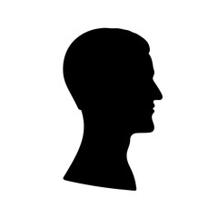 Silhouette of a man's head and neck in profile against white