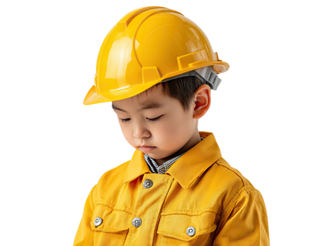 Young Construction Dreamer: A determined child dressed in construction attire, donning a hard hat, embodies a future builder's aspiration, reflecting on their goals, dreams, and determination.