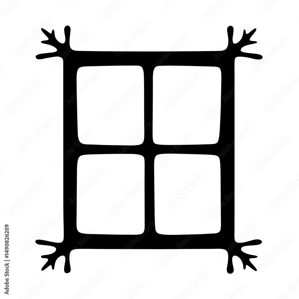 Poster abstract black and white window with twiglike extensions in minimal art style