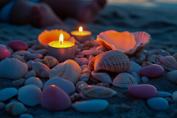 At sunset, the collection of shells and smooth pebbles scattered along the coastline glow in a warm, golden light.
