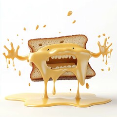 A monstrous melting cheese monster attacks with toast for a body screaming in creamy horror on clean