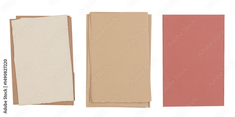 Poster three stacks of paper in different colors on a neutral background on transparent background