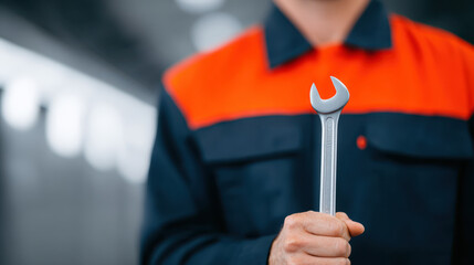 Person dark uniform with orange accents holding wrench, standing indoors with blurred background, suggesting maintenance