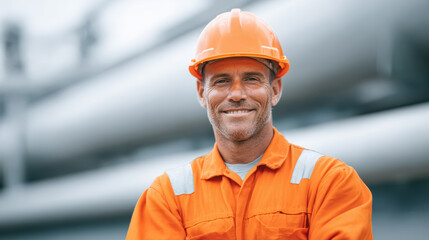 Smiling male worker orange safety uniform and helmet standing outdoors near industrial pipes, showing confidence and safety