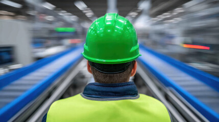 Worker wearing green safety helmet and high visibility vest industrial or manufacturing environment, overseeing machinery