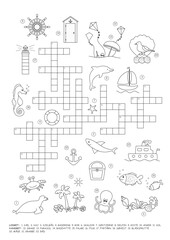 Crossword puzzle. Sea theme. Game and Coloring page. Danish language. Vector illustration.