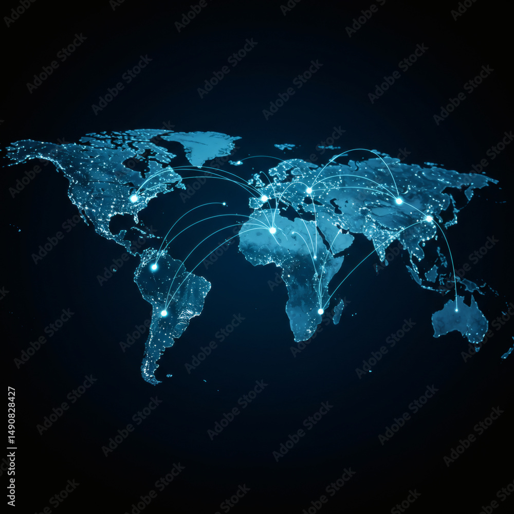Poster illuminated blue world map at night with glowing interconnected points and lines, representing globa