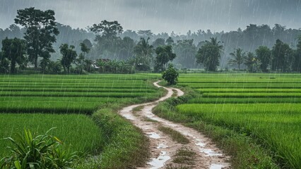 Obraz premium Heavy monsoon rain on green rural landscape and muddy road rain wallpaper 4k | rain aesthetic wallpaper 4k | rain frog | rain news weather report monsoon