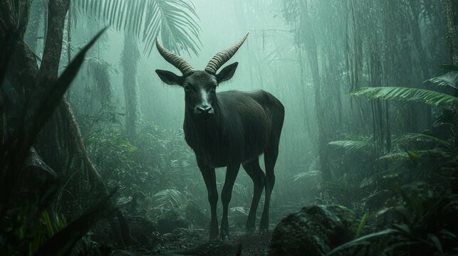 A Saola, also known as the Asian unicorn, walks gingerly through the misty rainforest. background wallpaper AI generated image