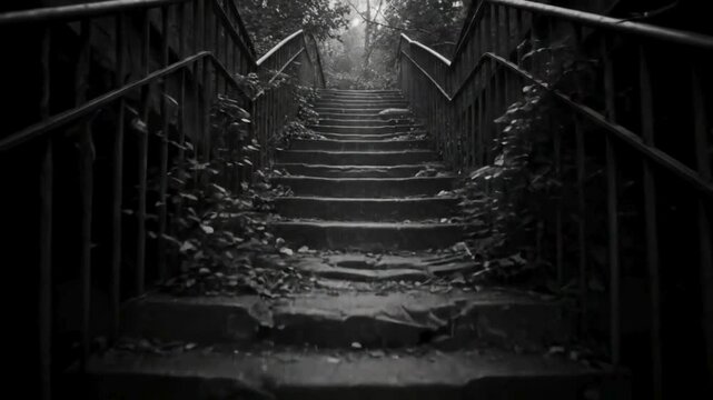 Creepy Dirty Stairs Ascending into Darkness in Moody Black & White (Horror Cinematic Video)