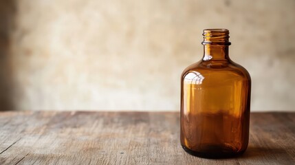Empty amber glass bottle on wooden table