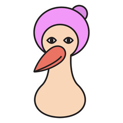 Funny abstract bird with pink hat and orange beak.
