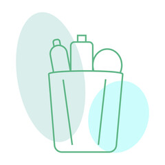 Minimal basket with toiletry bottles and soft background.