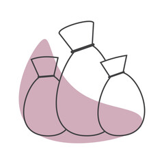 Three outlined sacks over soft abstract pink shape.