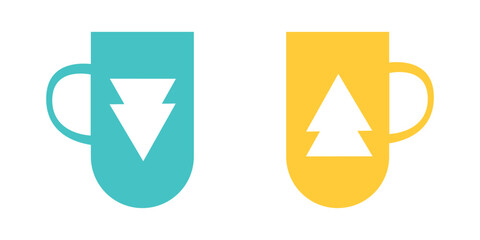 Two colorful coffee mugs with arrows and tree shapes.