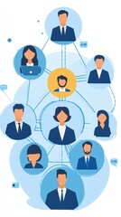 Business Team Hierarchy Connecting People in Circles with Lines on a White Background