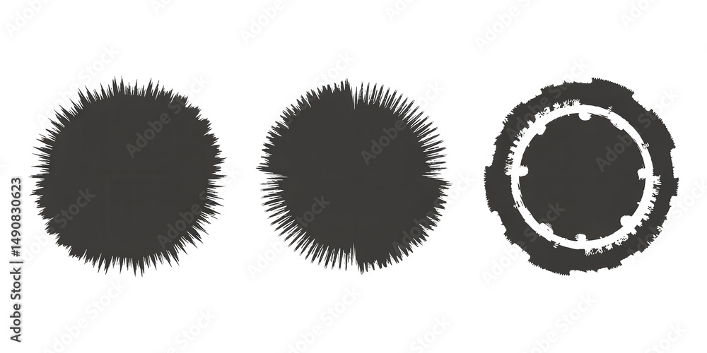 Poster three dark gray circular shapes arranged horizontally on transparent background
