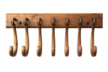 Rustic charm Eight wooden coat hooks hanging on a warm oak panel bring a sense of old world on transparent background