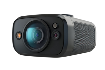 Sleek black projector showing advanced optics and detail ready to beam vibrant images in a on transparent background