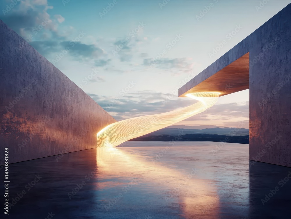 Poster illuminated architectural structure at dusk modern design abstract art serene environment low angle 
