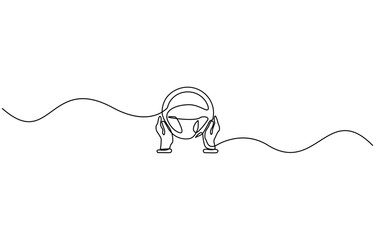 Obraz premium steering one line art drawing, hand holds the steering wheel - one line drawing. Concept of car interior, driving one hand, driving exam.
