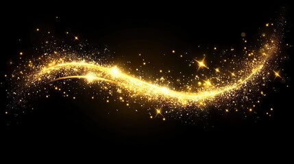 Golden, sparkling, luminous, swirling, light trails on a black backdrop.