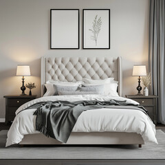 Fototapeta premium Luxurious bedroom with upholstered bed and stylish decor concept of mandala 