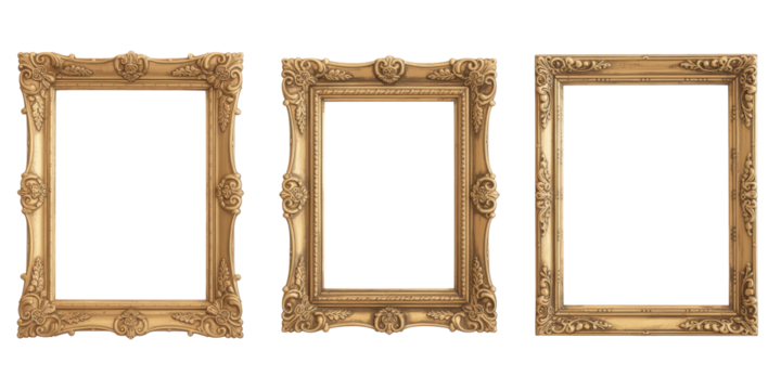 Three ornate golden picture frames in a row on transparent background