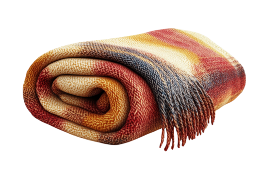 Snuggle into autumn warmth with a cozy rolled blanket reminiscent of fireside chats showcasing on transparent background